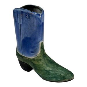 Jeremy Diller Raku Pottery Cowboy Boot Vase Signed Planter Southwest Decor Blue